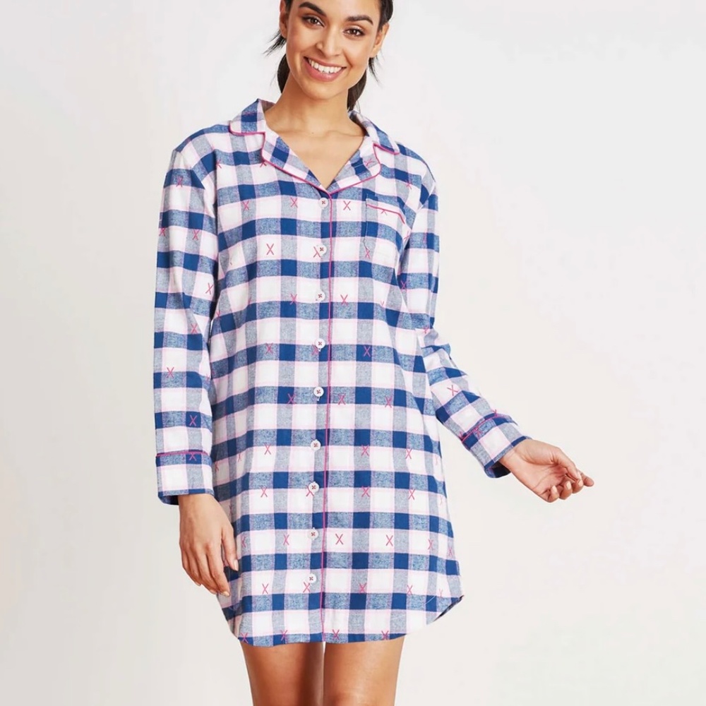 Little Blue House - Ski Holiday Flannel Nightdress - Pink Navy‎ Plaid - Medium